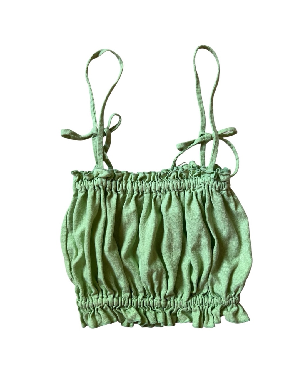 With Jean Smocked Spaghetti Tie Strap Crop Top, Green
